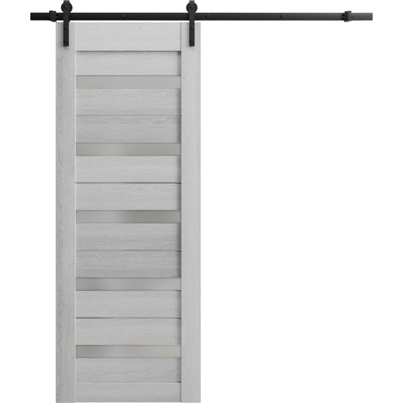 Porte de grange robuste en verre dépoli Quadro 4445 Gris Nebraska, rail de 2 m (6,6 pi), quincaillerie lourde, portes intérieures à panneaux pleins - 76 cm x 244 cm (30 po x 96 po) - Rail noir