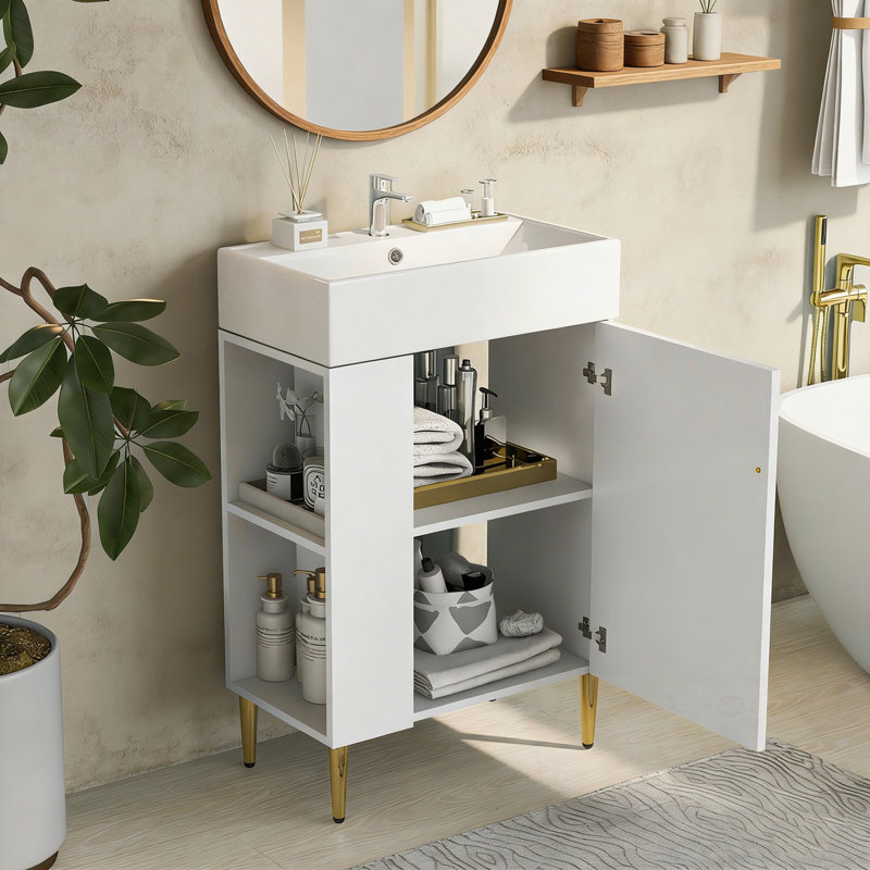 Meuble-lavabo de salle de bain avec lavabo et rangement à gauche, Blanc