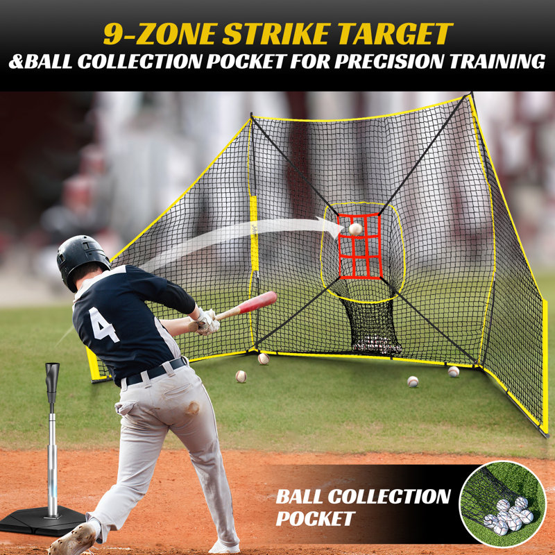 Durable Baseball & Softball Practice Net With Barriers,12 X7 Ft Training Net With Strike Zone Target,Large Ball Collection System,Barrier Side Nets For Batting,Hitting,Pitching,Throwing Solo Practice