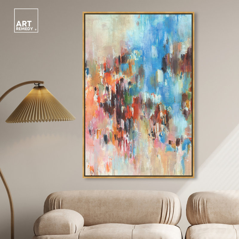Large Gold Framed Blue and Multicolor Abstract Canvas Art