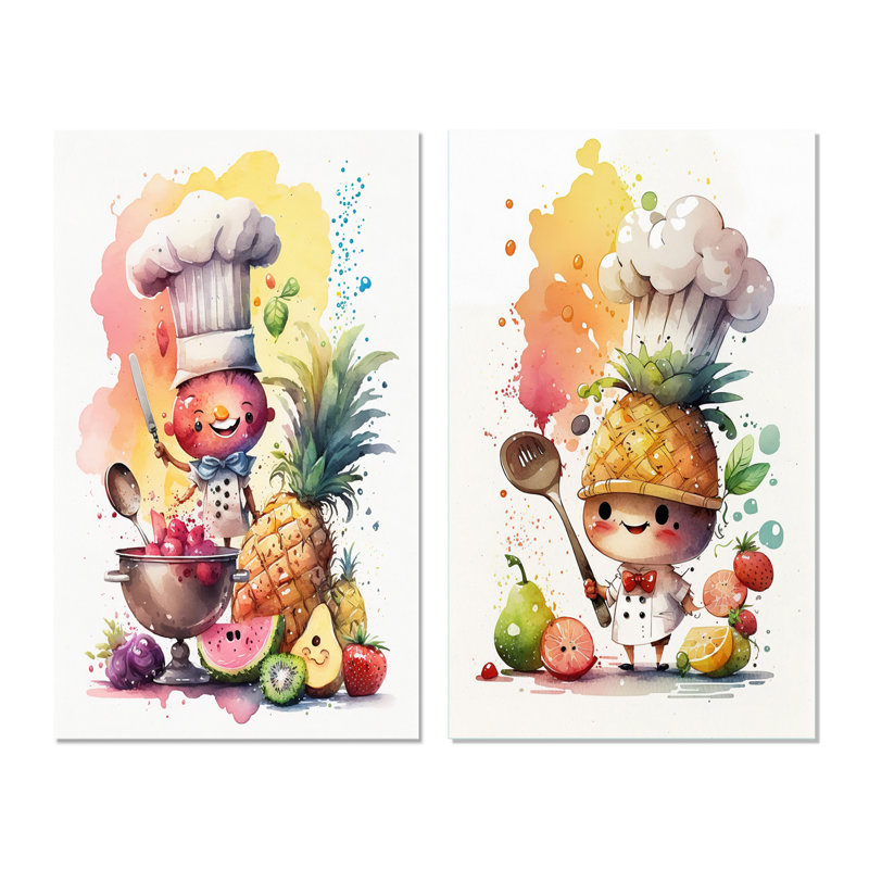 «Cute Chef Cooking With Fruit», 2 pièces sur toile, Toile tendue, H 24 po x l 20 po
