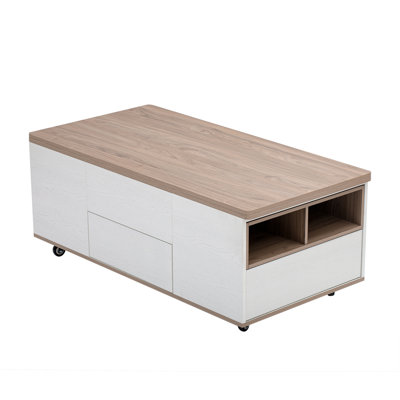 Hydraulic Lift Top Coffee Table - Walnut & White Multifunctional with Lockable Wheels & Storage (47.2""x23.6"") -  Latitude Run®, 1EBEFE0370FA4A96A84A26FBAD4FAC98