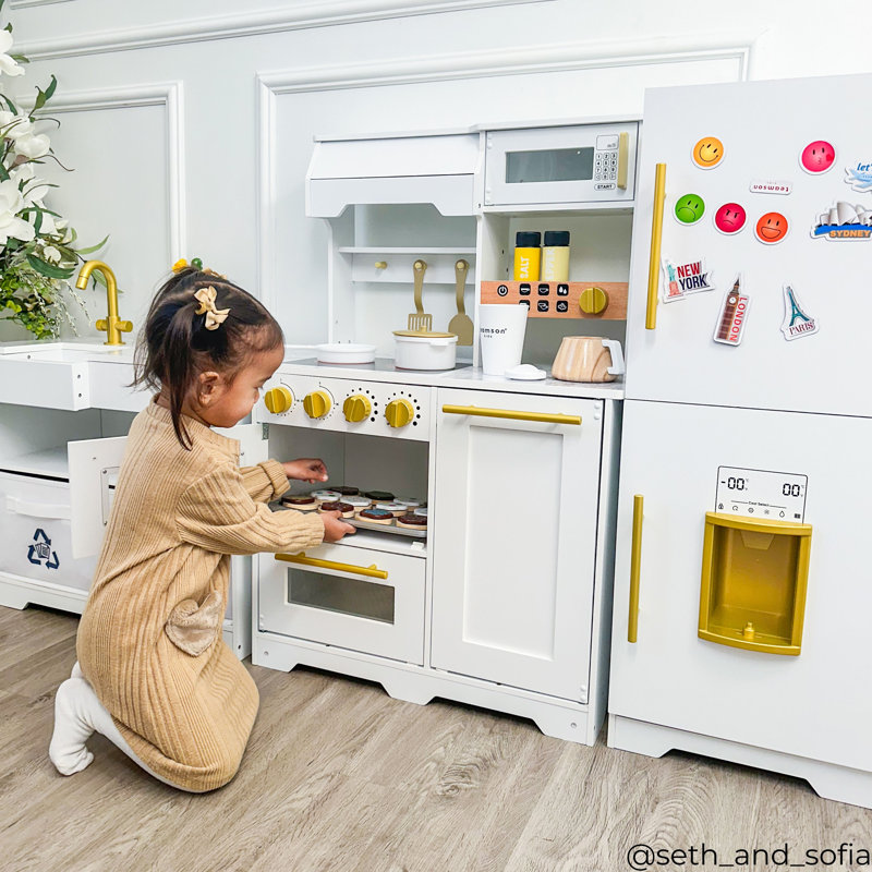 Teamson Kids Little Chef Atlanta Modular Play Kitchen with 17 Accessories  and Interactive Toy Appliances White/Gold
