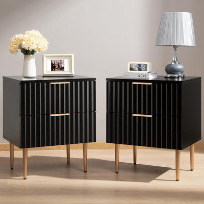 Table de chevet blanche, ensemble de 2 tables de chevet cannelées lustrées avec 2 tiroirs et pieds en métal doré - Tables de bout de rangement modernes