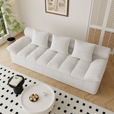 71-inch 3-seater corduroy frameless sofa with deep, spacious cushions and 3 decorative throw pillows; no assembly required; suitable for bedrooms and offices