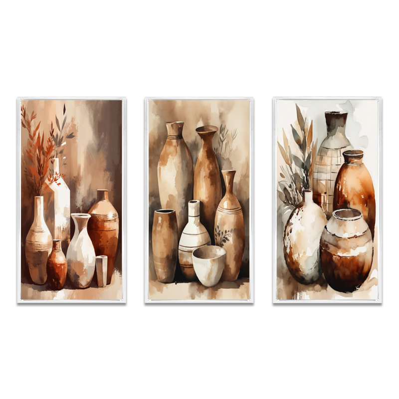 Ensemble d'imprimés 3 pièces - Vase élégant en terre brune et crème, Cadre flottant blanc, H 32 po x l 48 po