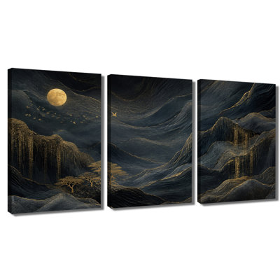 3‑panel wall art Golden Moon Mountain Landscape Wrapped Canvas Print