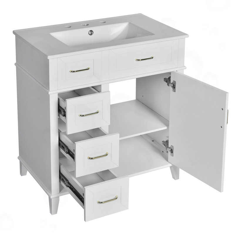 Meuble-lavabo de salle de bain avec lavabo en céramique, tablette réglable, Blanc
