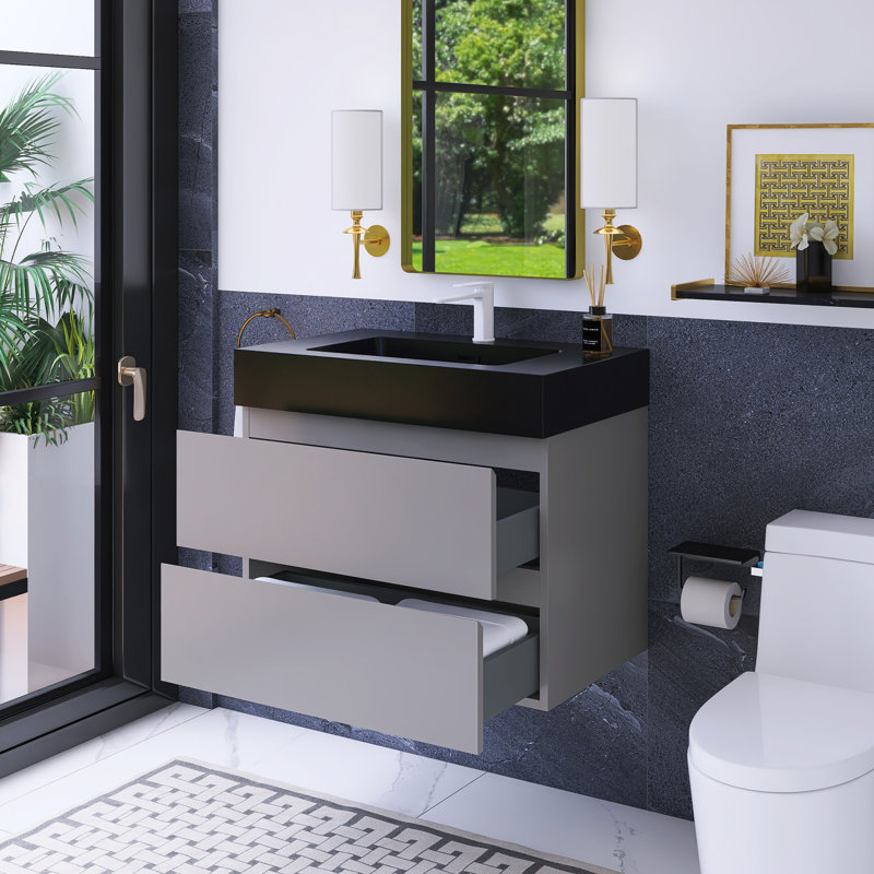 30" Wall-Mounted Single Bathroom Vanity With Solid Surface Top, Gray