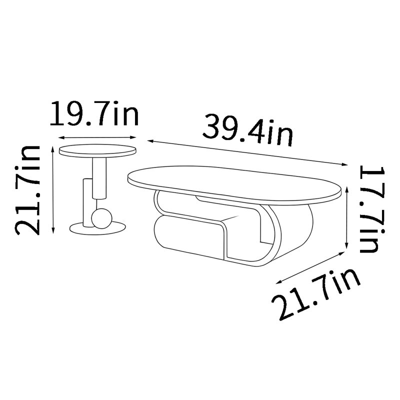 Light luxury oval-shaped coffee table set, 17.7" H x 39.4" L x 21.7" W, White Top/Cream Base