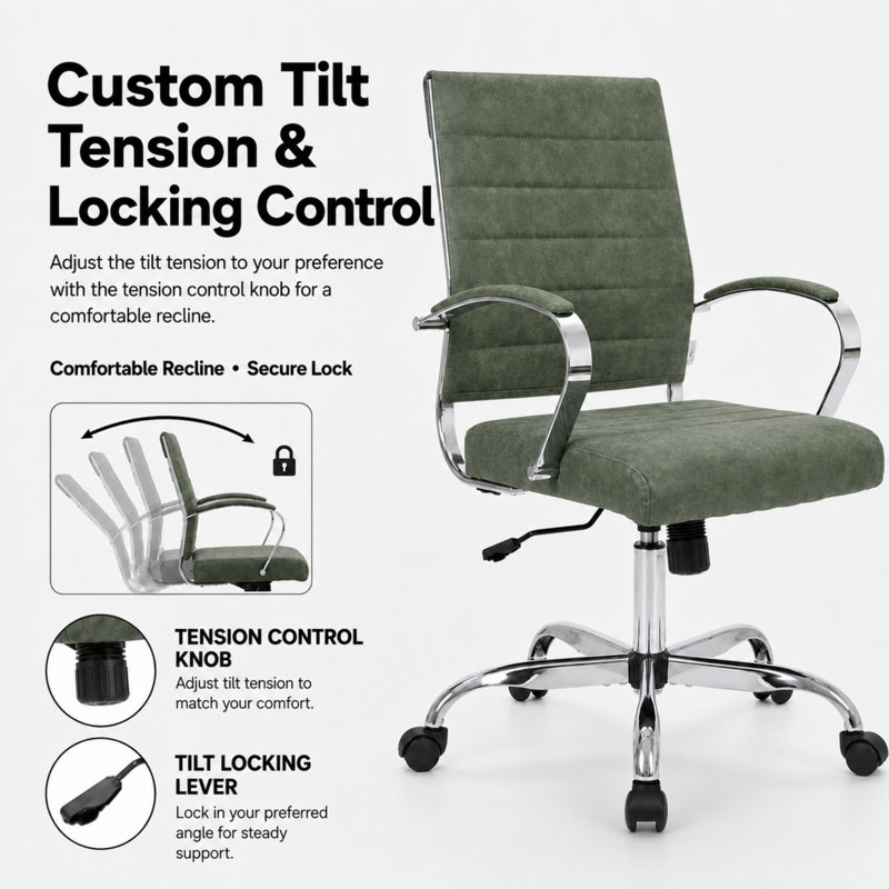Mulkey Ribbed Faux Leather Mid-Back Office Chair, Mid Century Ergonomic Executive Desk Chair, Green