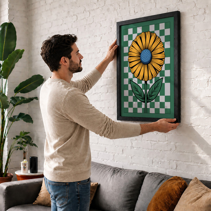 Sunflower On Checked Ground Botanical - Print, Walnut, A4 - 29.7 x 21.0 cm