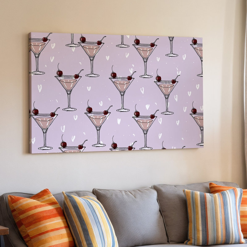 Toile un motif fantaisiste avec un motif répété de verres à martini élégants, chacun rempli d'un liquide rose pâle et d'une toile