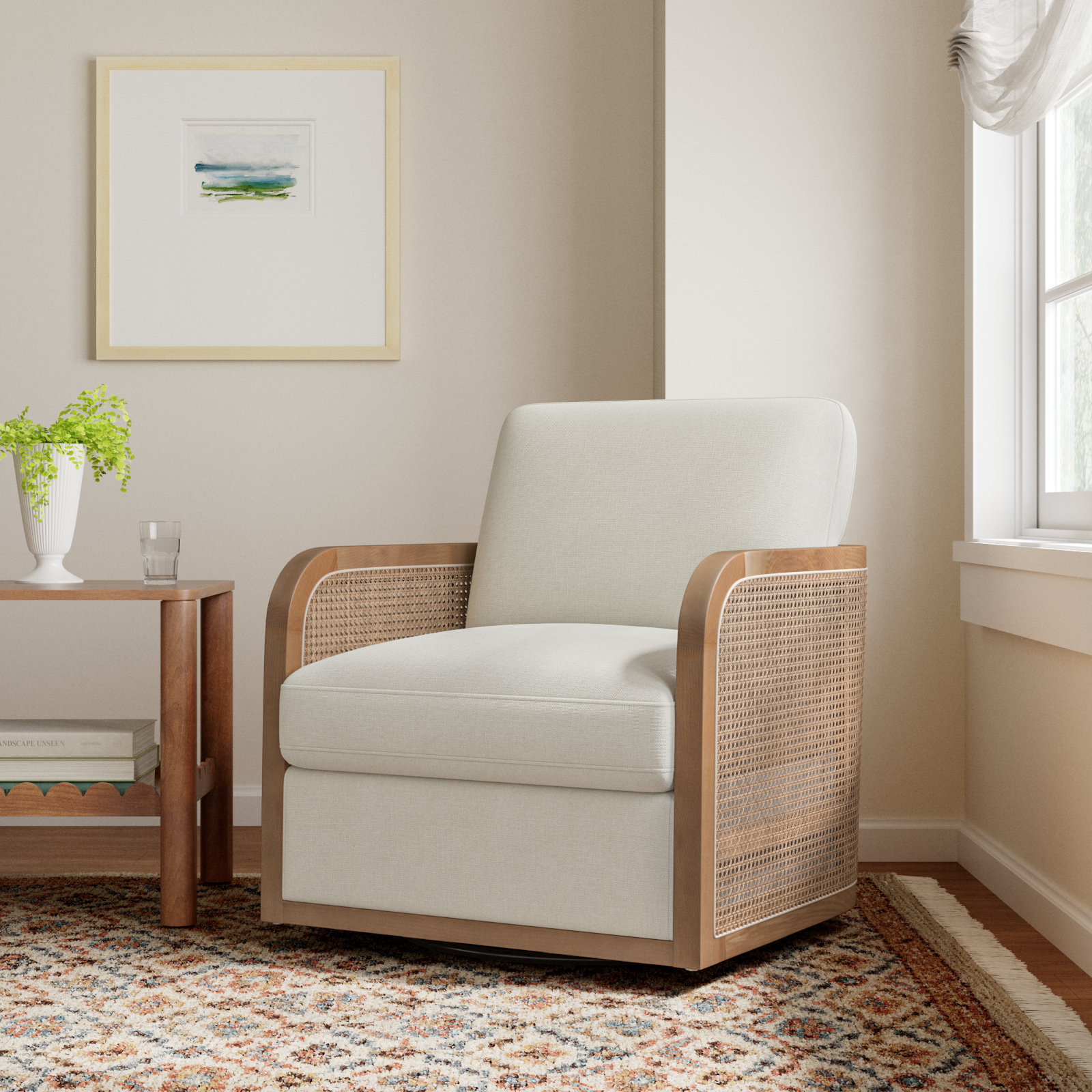 Juliette Upholstered Natural Cane Swivel Barrel Chair