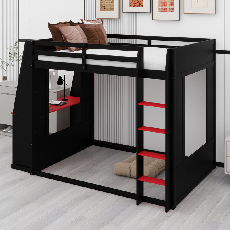 Lit superposé de jeu avec bureau, tablettes de rangement, ports USB et lumières DEL, Black+Red