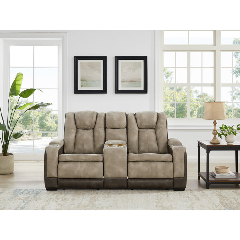 Canapé inclinable électrique 2 places avec appui-tête réglable, repose-pieds et console de rangement, tissu en microfibre, recharge sans fil, porte-gobelet pour le salon (brun)