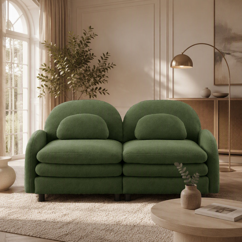 Canapé deux places deux places en tissu Teddy doux comme un nuage, avec dossier incurvé, coussins lombaires, soutien par coussin double couche et conception modulaire pour des espaces de vie polyvalents.