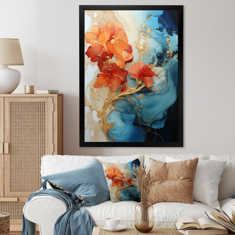 Breelan orange sarcelle abstrait fractal - fractales grand art mural, H 40 po x l 30 po, Impression encadrée, Noir