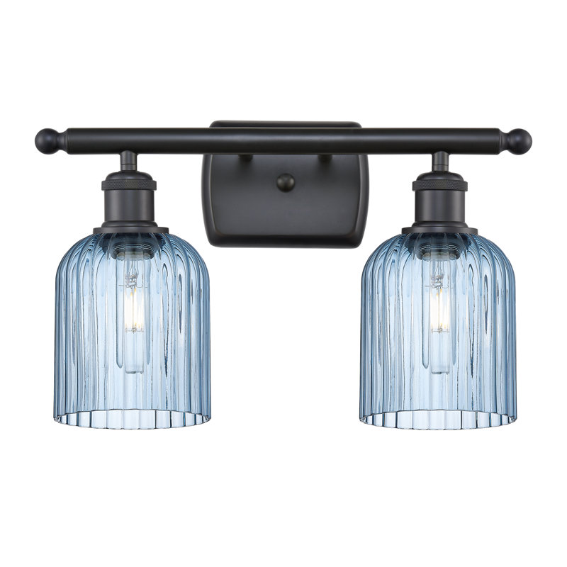 Brysin 15" W 2-Light Dimmable Metal Vanity Light with Glass Shades, Matte Black, Princess Blue