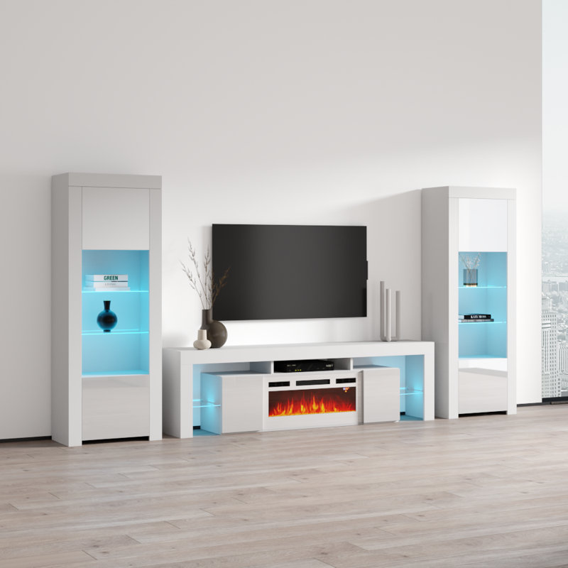 Meuble audio-vidéo moderne avec foyer électrique 128,7 po avec finition très brillante et rangement multimédia, Blanc