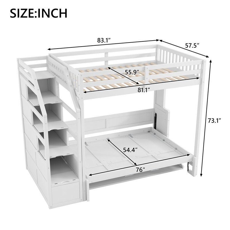 Lit mezzanine double TG avec escalier de rangement, lit escamotable double, bureau intégré et lumière DEL - blanc