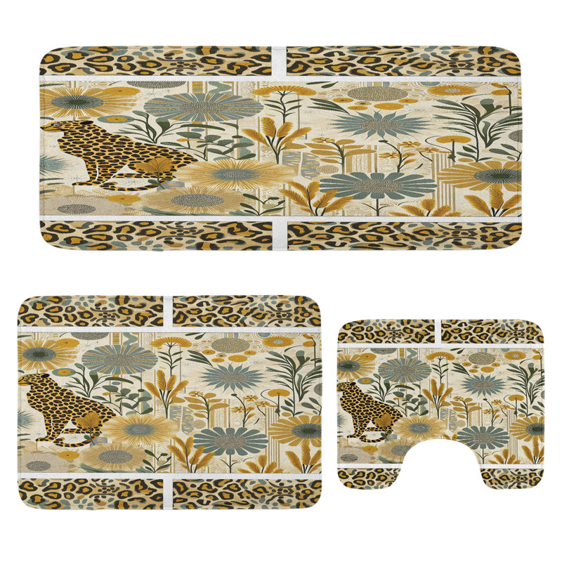 Ensemble de 3 tapis de salle de bain à motif léopard et tapis rectangulaires brun sable et vert laurier