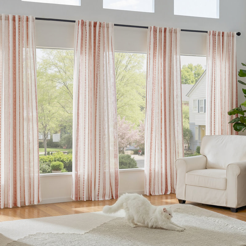 Semi Sheer Linen Blend Boho Herringbone Printed Back Tab Rod Pocket Curtain Pair, Terracotta on Beige, 52" W X 96" L