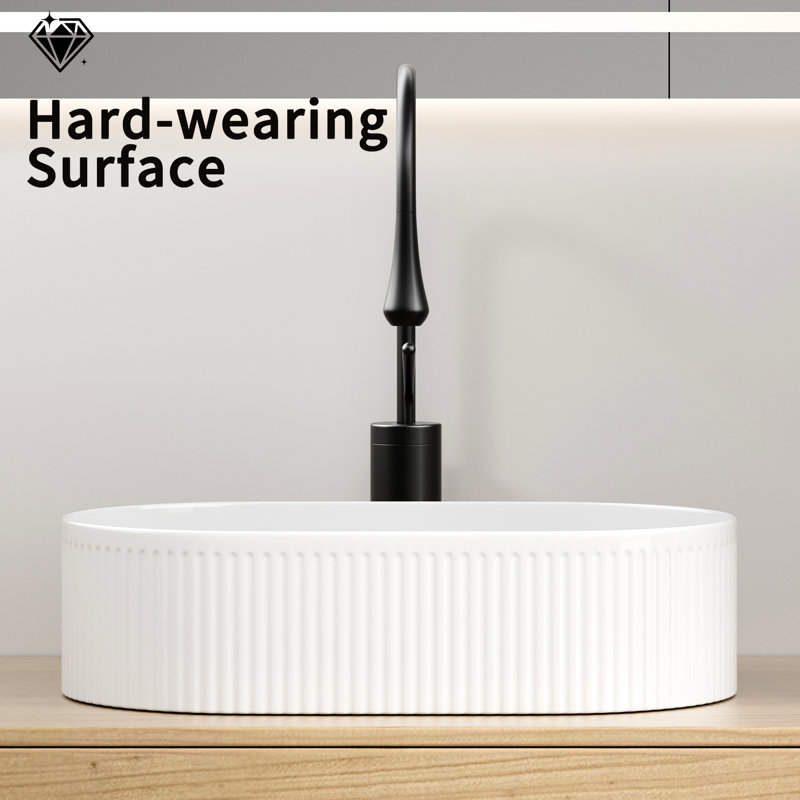 Oval Bathroom Vessel Sink, 19 X 12, White Ceramic, Straight - Line Texture And Hassle Installation 1/4 Wide Above Counter 12 3/8 Deep, Porcelain, Robust Build