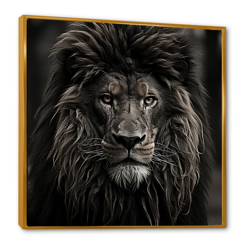 Portrait de lion noir majestueux - décoration murale animal lion, Cadre flottant doré, H 16 po x l 16 po x P 1 po