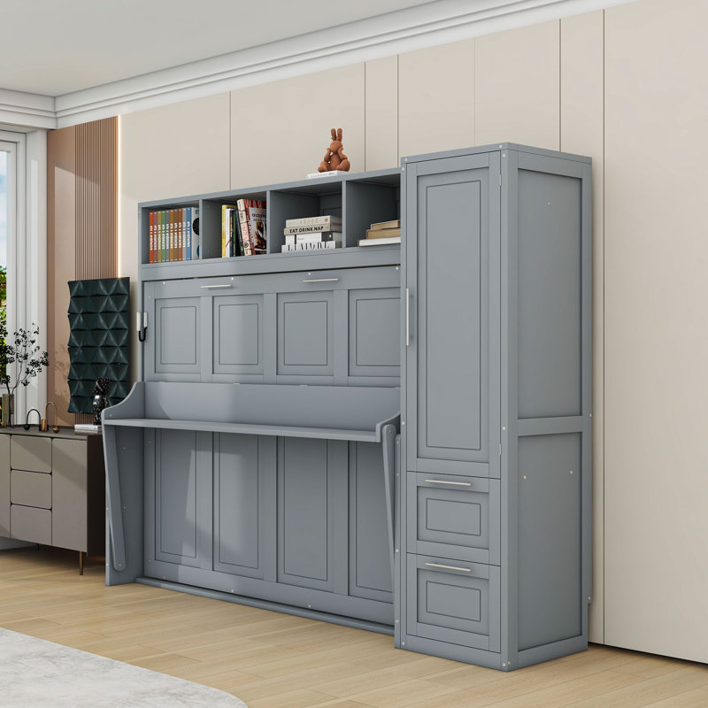 Lit escamotable en bois avec 2 tablettes et 2 tiroirs Tandie, gris, Grand