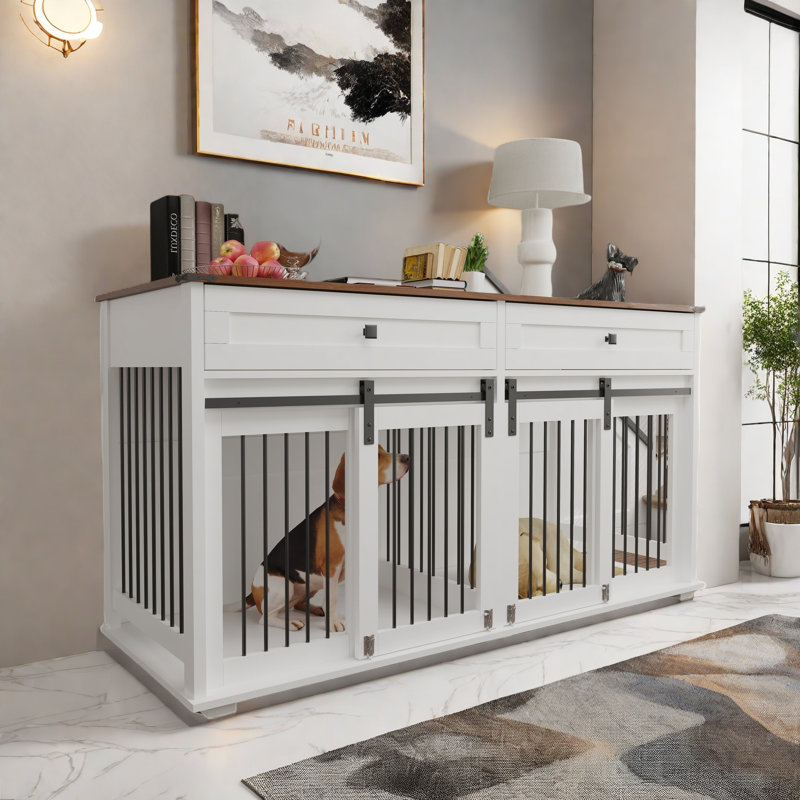 Grande cage double pour chien avec 2 tiroirs, séparateur central amovible, porte coulissante et tube en fer