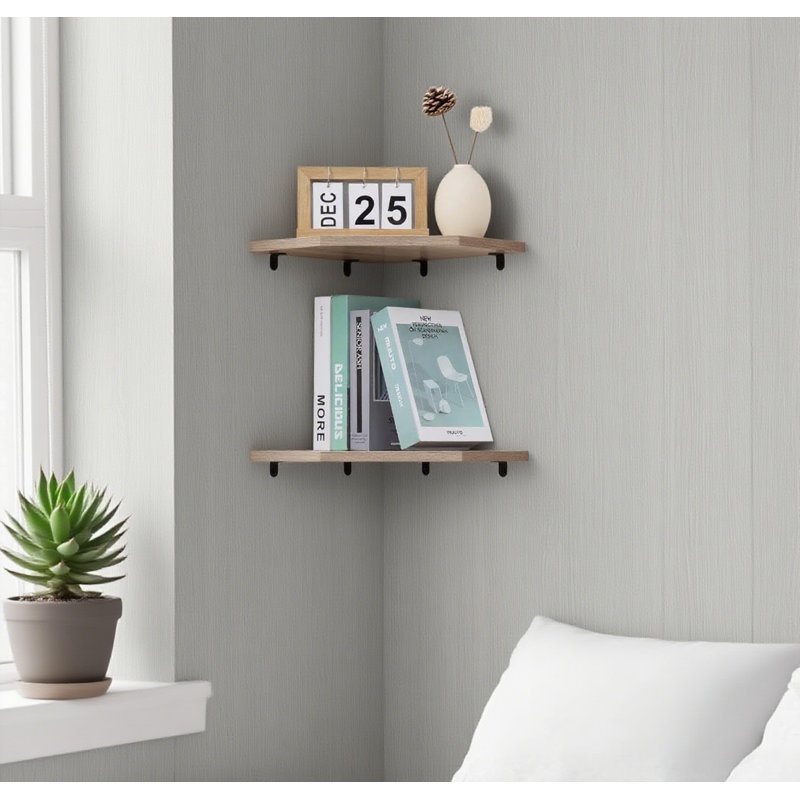 Floating Corner Shelves Set Of 2, Rustic Wood Wall Mounted Shelf Organizer For Living Room, Bedroom, Bathroom, Kitchen, Gray