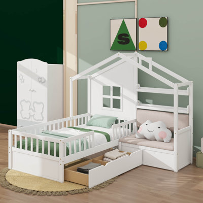 Lit simple à thème simple avec canapé, lit plateforme pour enfants avec tiroirs doubles et tablette de rangement
