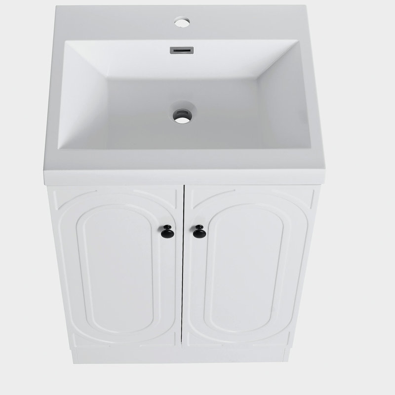 Meuble-lavabo autoportant de 24 po avec lavabo en résine blanche et 2 portes d'armoire à fermeture en douceur, Blanc