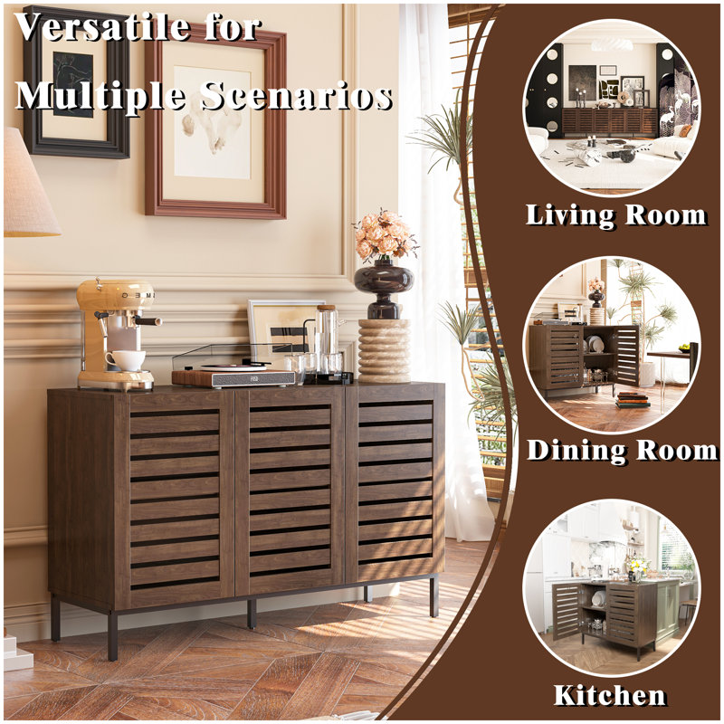 Farmhouse Brown MDF 47 inch Sideboard Buffet Cabinet with Adjustable Shelves