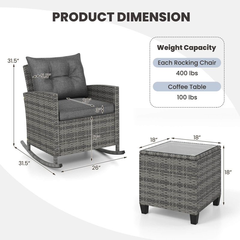3 PCS Patio Wicker Rocking Set with Tempered Glass Table & Soft Cushions Outdoor, Gray, Gray
