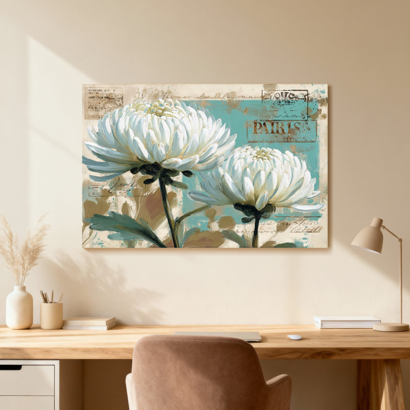 Plantes et fleurs de chrysanthèmes blancs sur fond de carte postale rétro, H 16 po x l 24 po, Noir