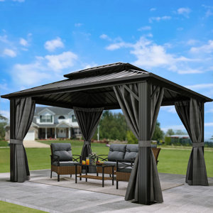 Outdoor Metal Hardtop Patio Gazebo with Privacy Curtain and Mosquito Netting