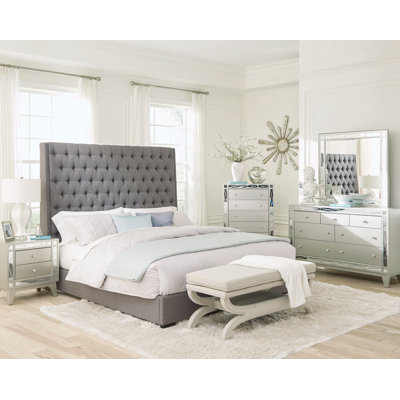Ensemble de chambre à coucher 5 pièces Tinya en gris et mercure métallique