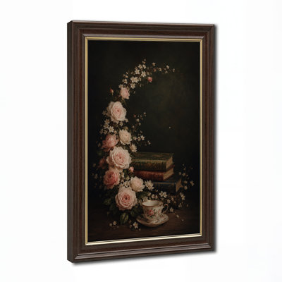 Roses roses et livres rétro avec porcelaine, art d'Halloween sur toile