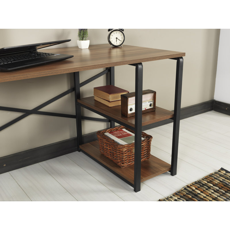 Walnut and Black Metal Frame 47" Writing Desk with Shelves
