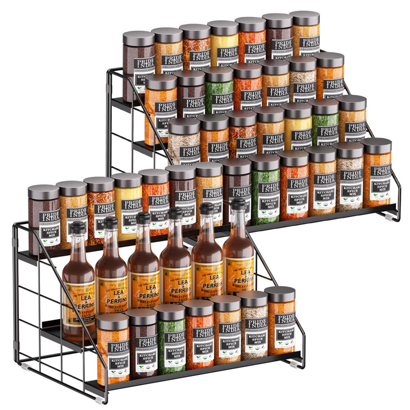 Étagère à épices à 4 niveaux, 2 étagères à épices pour armoire, étagère à épices réglable à niveaux pour l'organisation du garde-manger de comptoir de cuisine (noir de carbone)