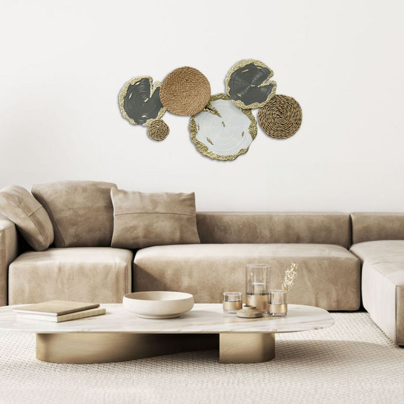 Ceramic and Canvas Abstract Circle Wall Art – Modern Neutral Decor with Gold Accents