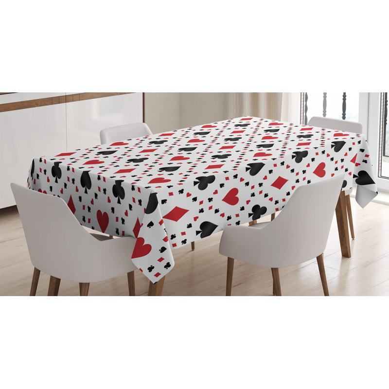 Casino Tablecloth, Poker Cards Advertising Holidays Getaways Tourist Destinations Pleasure Art Print, Rectangular Table Cover For Dining Room Kitchen Decor, 52" X 70", Red Black