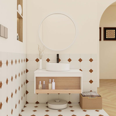 30-Inch Wall-Mounted Bathroom Vanity With Glossy White Vessel Sink, Open Shelf Storage, Moisture-Resistant Construction, And Space-Saving Modern Design.