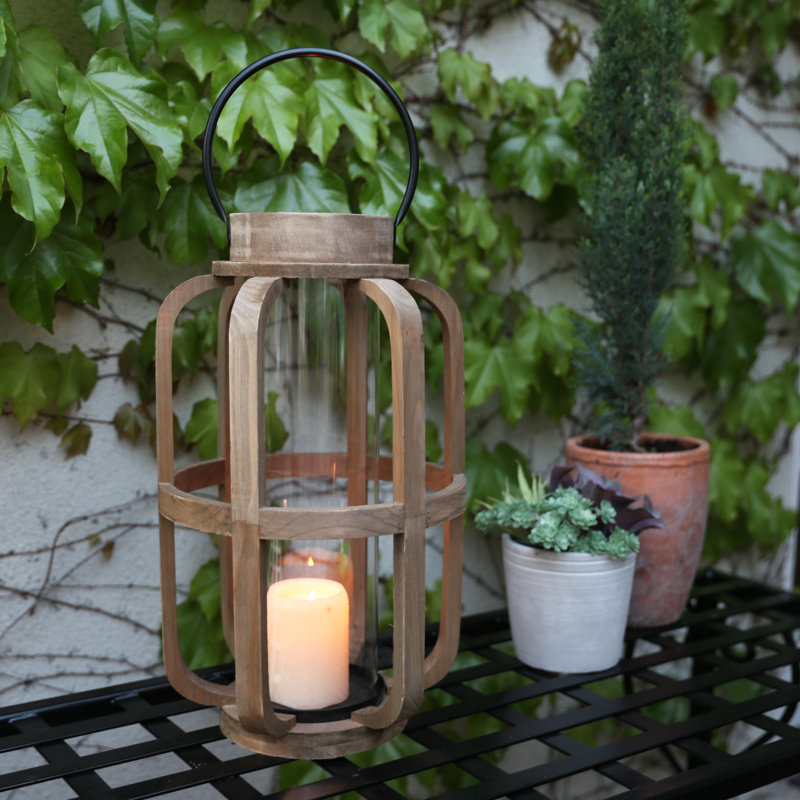 Lanterne en bois cylindrique, H 17,75 po x l 10,5 po x P 10,5 po
