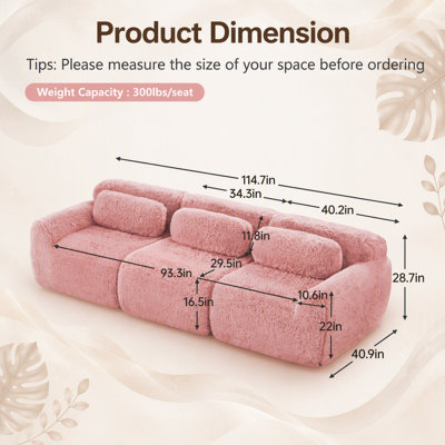 Tissu moelleux moelleux et moelleux de 114 po, canapé modulaire modulaire, conception ergonomique avec repose-pieds et coussins décoratifs, raccordement à boucle à compression complète pour étude, cinéma maison, rose