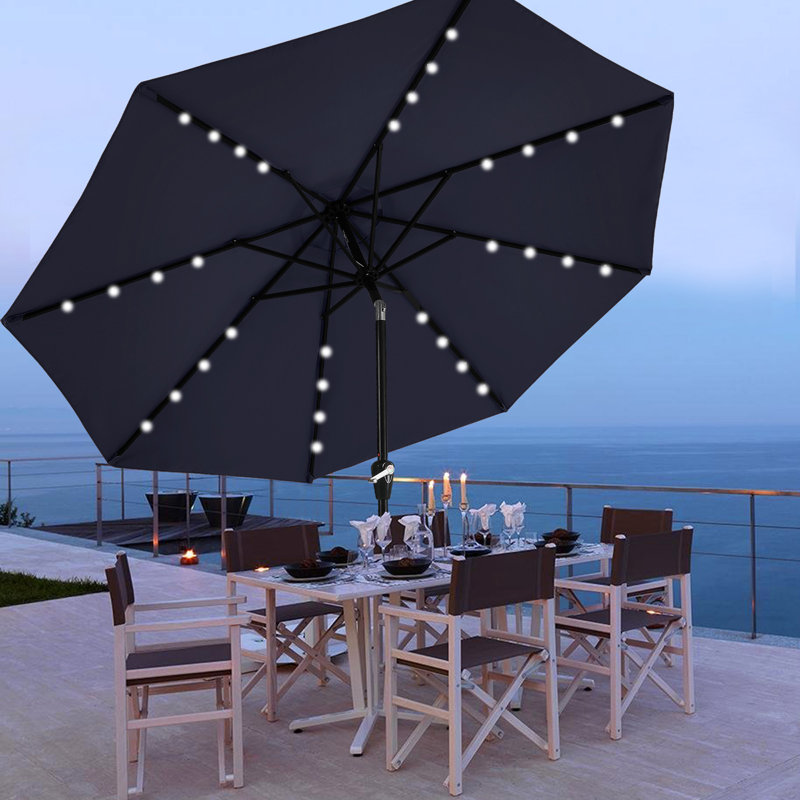 Parasol de marché solaire à DEL Cutshall avec inclinaison et relevage à manivelle, Marine, 10.5'