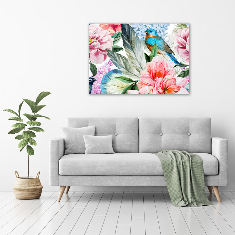 Flowers And Birds - No Frame Print on Glass