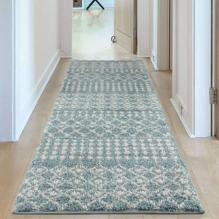 Moroccan Shaggy Collection Rugs Tangier Design in Duck Egg Blue/Ivory
